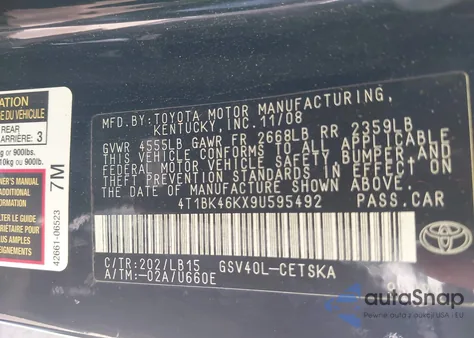 2009 Toyota Camry Se V6 from USA, damaged, VIN 4T1BK46KX9U595492